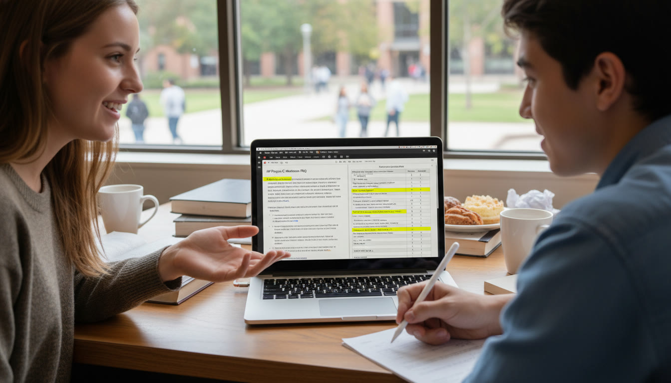 Photo Idea : A tutor (or parent) and student reviewing an FRQ rubric on a laptop, with the student highlighting parts of their answer — shows collaborative, targeted feedback in action.