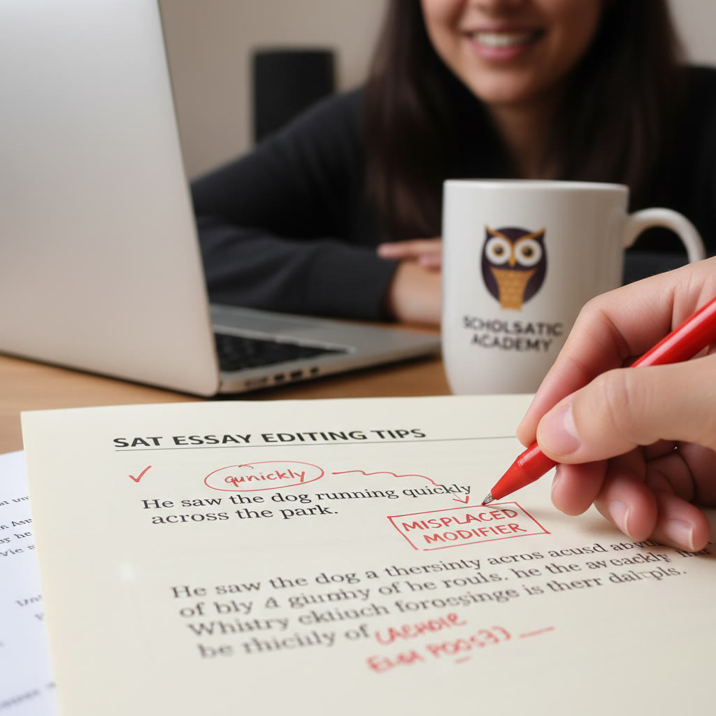 A close-up of a hand editing a printed paragraph with a red pen, circling a misplaced modifier—description emphasizes the editor’s perspective.