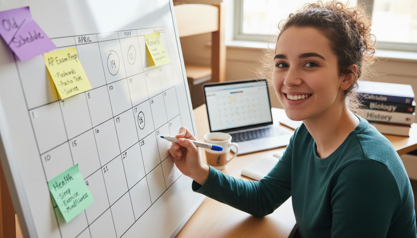 Photo Idea : Close-up of a student planning on a calendar or whiteboard, sticky notes with “AP Exam Prep,” “Research,” and “Health” visible — shows actionable planning after a swap.