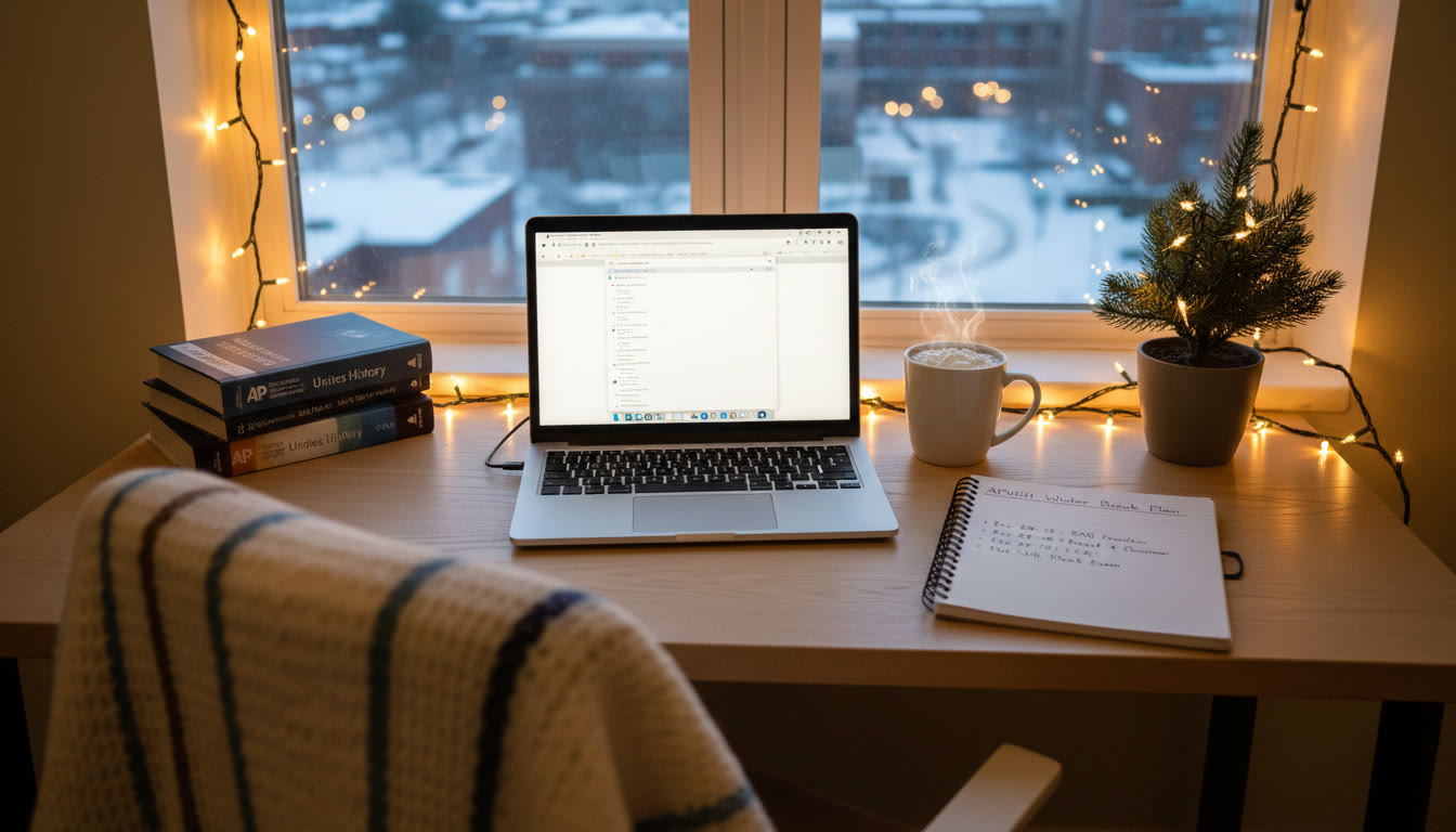 Photo Idea : A cozy desk by a window with a laptop, a notebook opened to a short study plan, a hot drink, and twinkling holiday lights—captures calm, focused winter study energy.