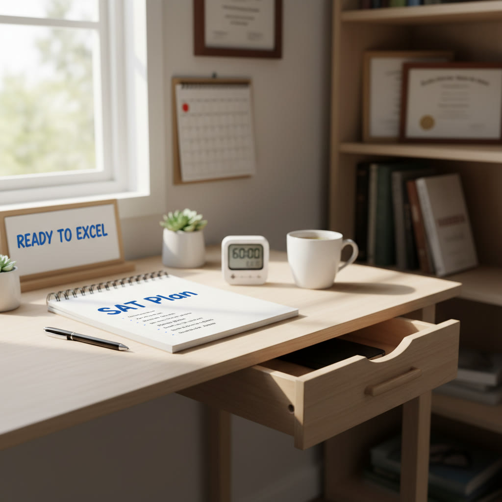 A calm study corner with a notebook titled SAT Plan, pen, timer, and a closed phone in a drawer to suggest discipline and readiness