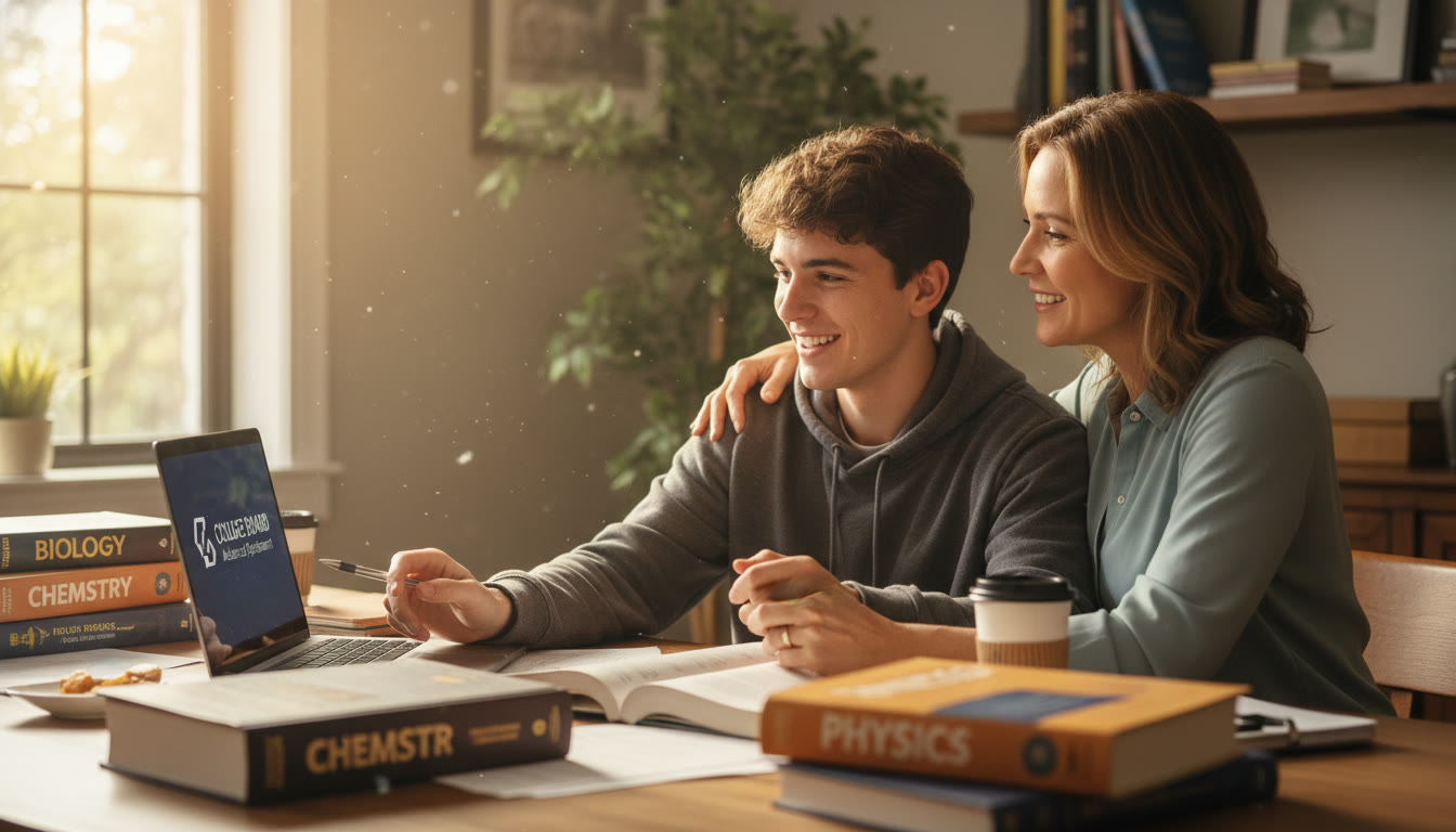 Photo Idea : A warm, candid photo of a student at a desk surrounded by science textbooks (biology, chemistry, physics) with a parent looking on supportively—natural light, casual posture to convey partnership in decision-making.