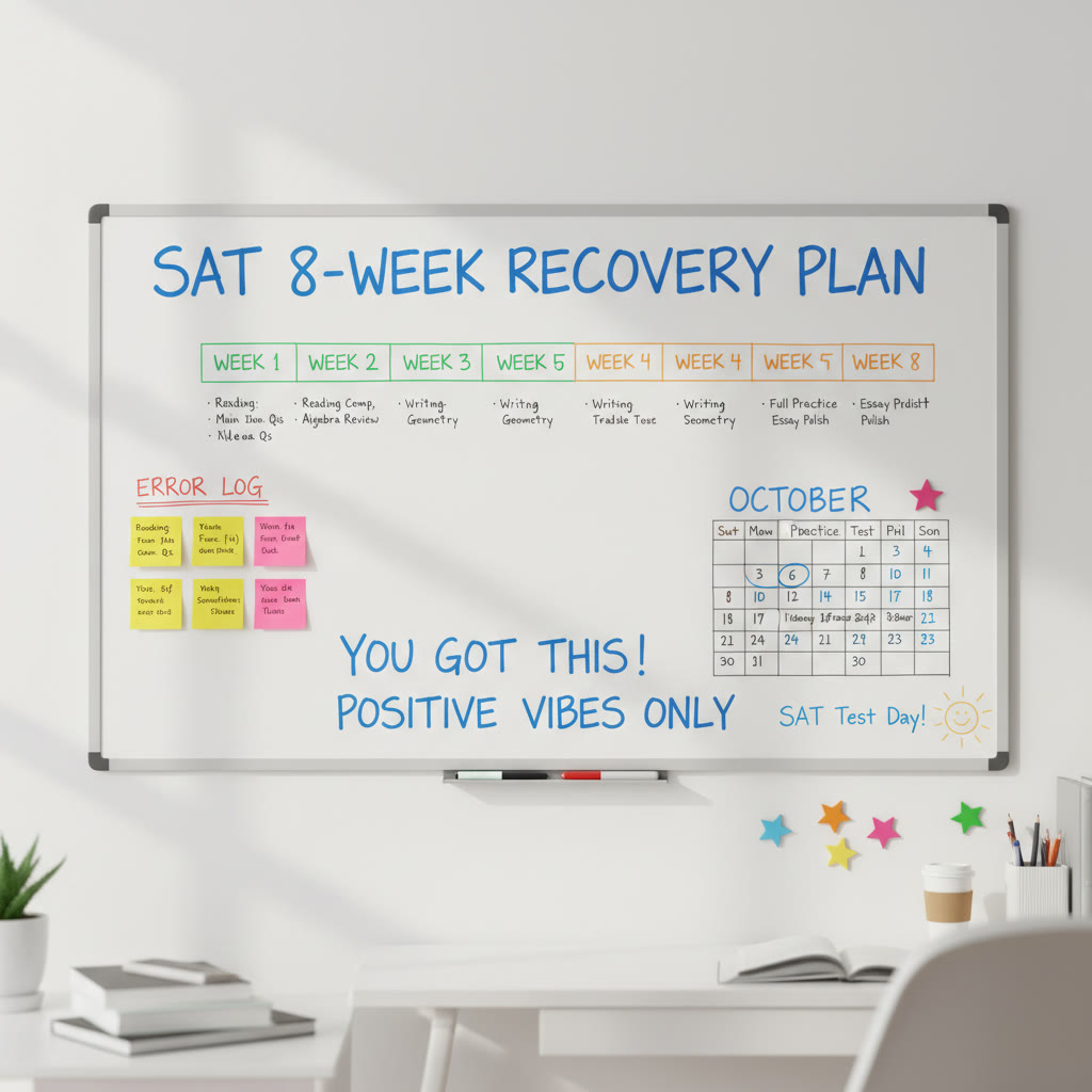 Whiteboard with an 8-week study timeline, error log sticky notes, and a calendar—visual of a realistic, organized recovery plan.