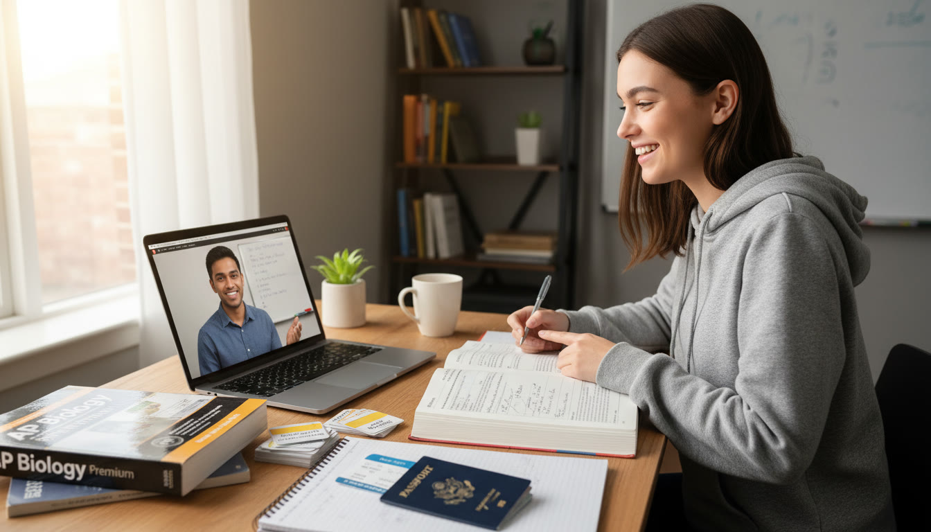 Photo Idea : An image of a student receiving one-on-one tutoring over a laptop with a tutor on screen, alongside printed AP materials and a passport—illustrating how tailored guidance supports both test prep and logistical planning.