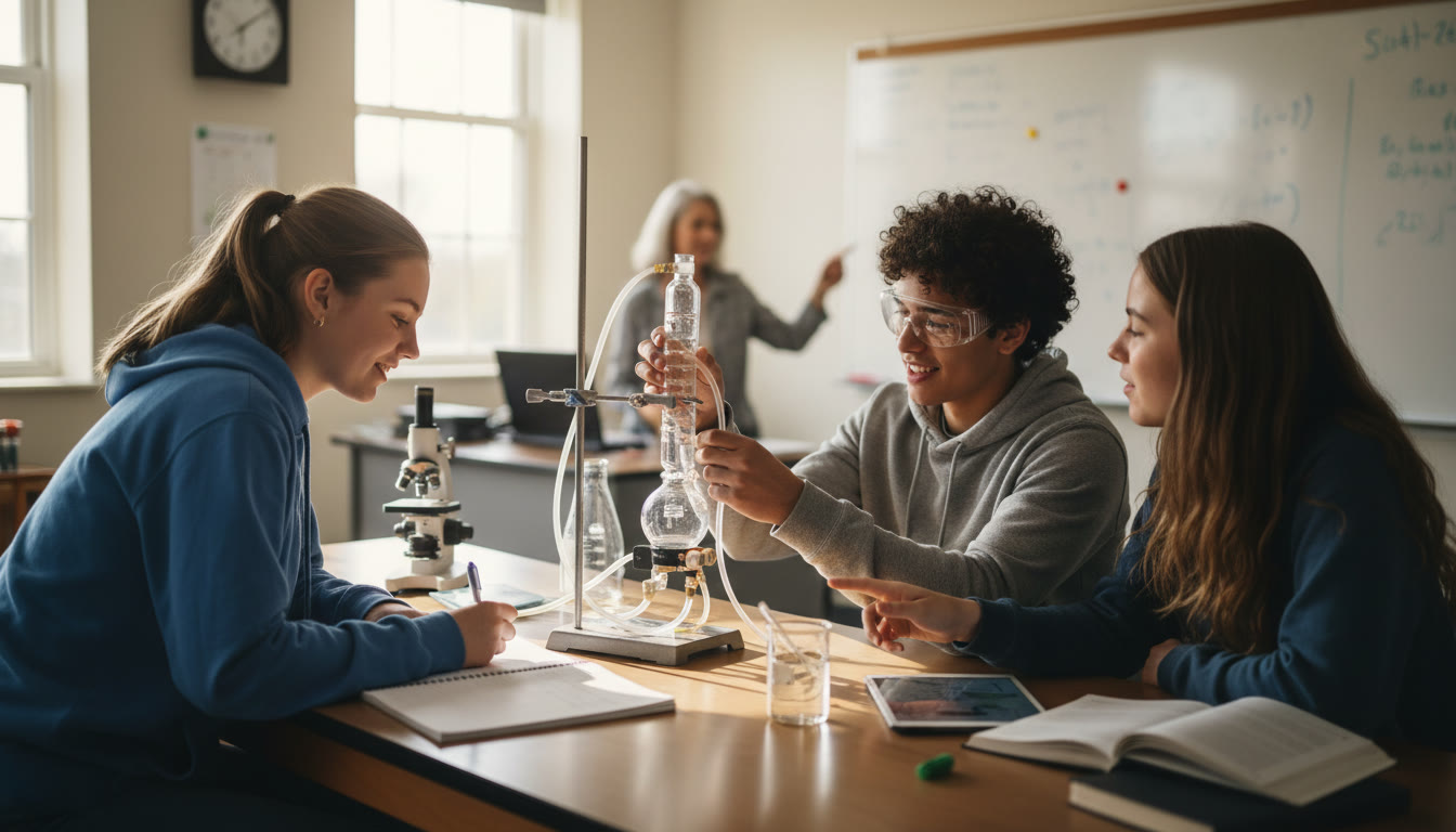 Photo Idea : A bright, candid photo of a small group of high school students around a lab table, one taking notes while another adjusts equipment — natural light and a teacher or mentor in the background. This conveys early, collaborative entry into research.