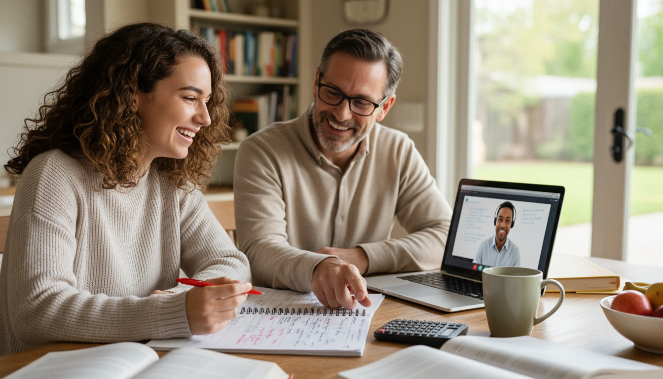 Photo Idea : A student and tutor reviewing a practice AP test together at a kitchen table, with annotated notes and a laptop showing an online tutoring session. Visual of collaborative, calm preparation and targeted support.