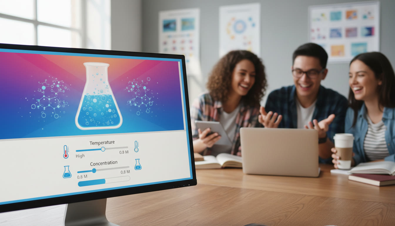 Photo Idea : A bright, inviting screenshot of a virtual lab interface showing a simulated reaction with sliders for temperature and concentration—students collaborating around a laptop in the background.