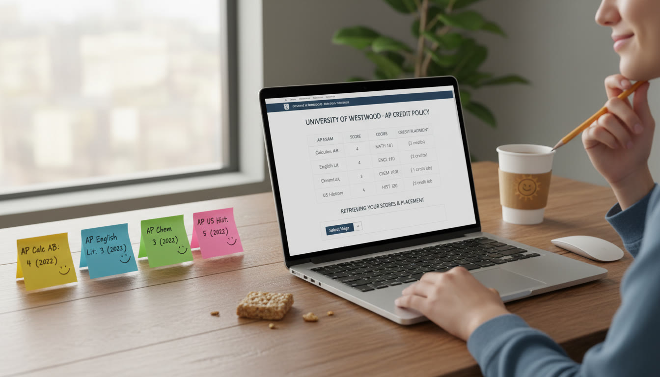 Photo Idea : A timeline-style desk scene showing a student’s AP score history (post-it notes with past scores) next to a laptop open to a college AP credit policy page — visualizing the decision process between retaking for admissions or accepting placement.