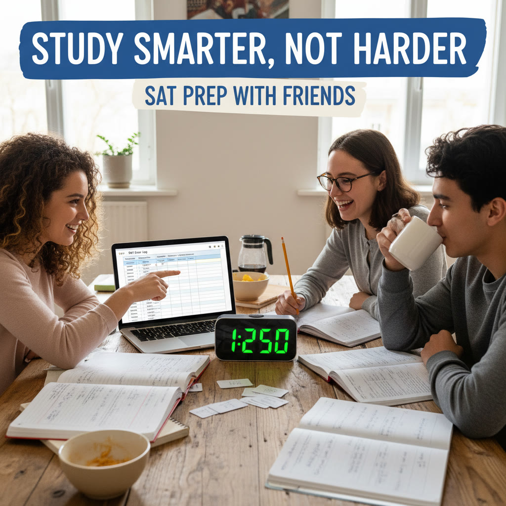 Friends sitting around a kitchen table with notebooks, a visible timer, and a shared error-log on a laptop — shows collaborative studying and focus tools.