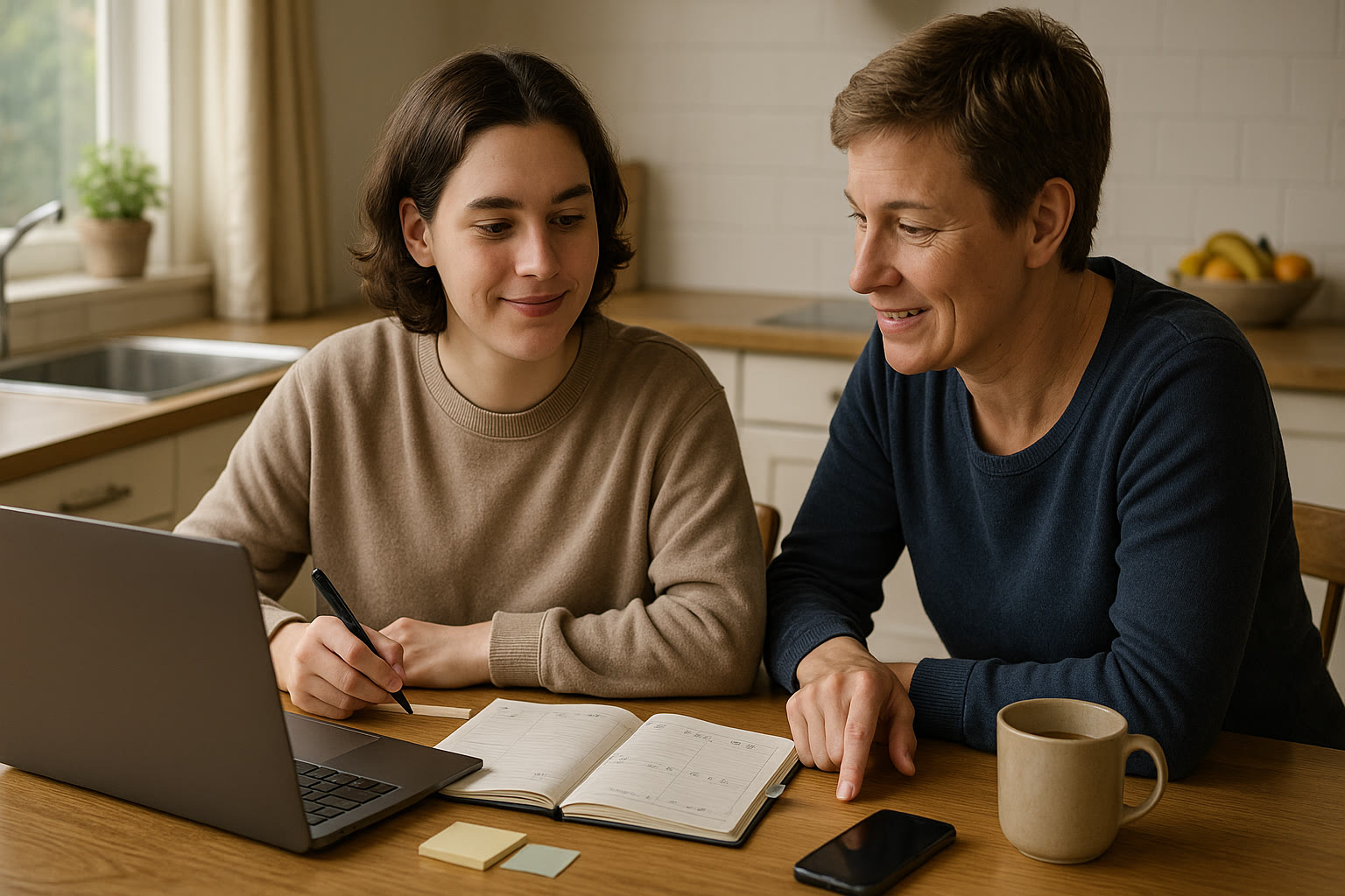 Photo Idea : A calm student at a kitchen table with a laptop and planner open, a parent leaning in to chat — natural light, relaxed scene showing collaboration.