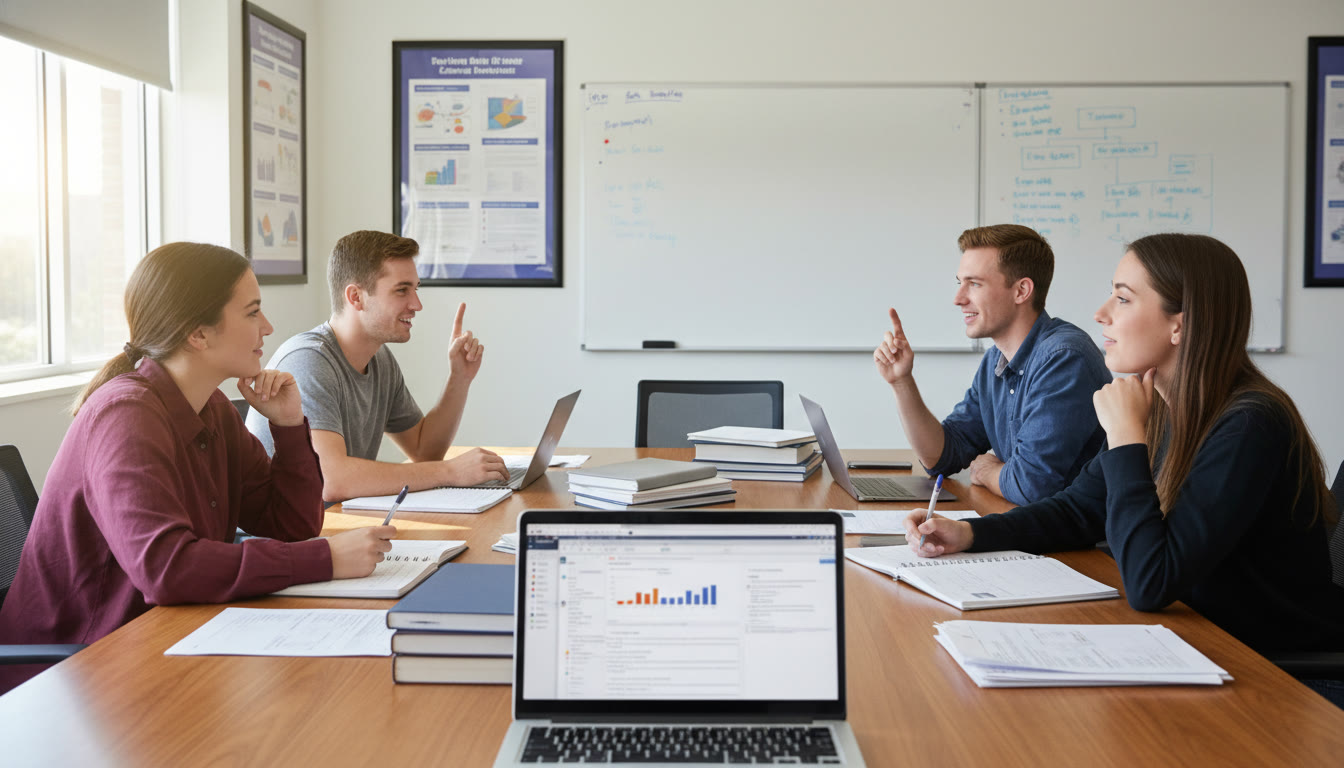 Photo Idea : A high-energy debate round in action with students in mid-discussion, notebooks and laptops open, capturing the connection between speaking and research.
