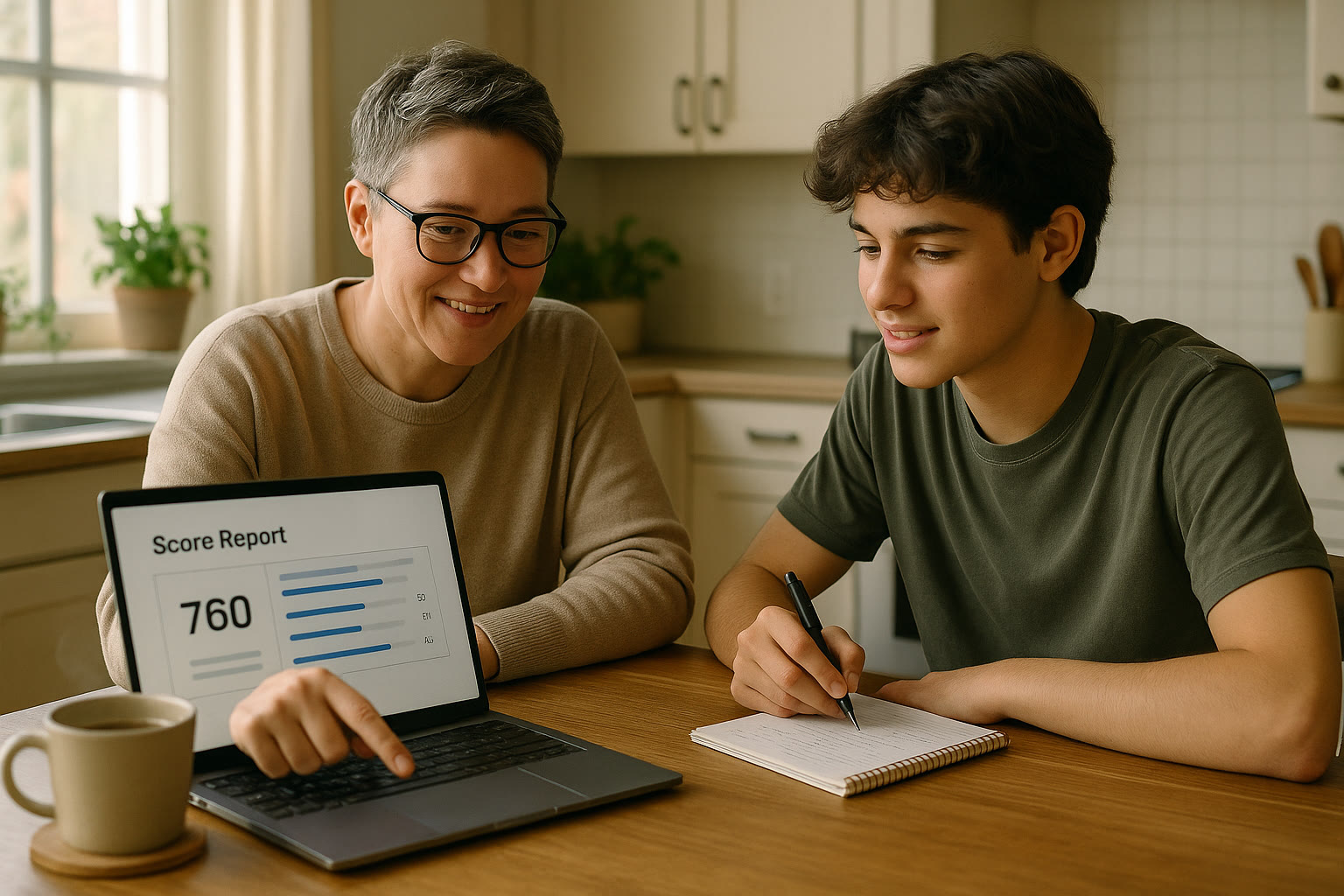 Photo Idea : A parent and teen at a kitchen table with a laptop open to a score report, a notepad, and a cup of coffee — natural light, collaborative atmosphere.
