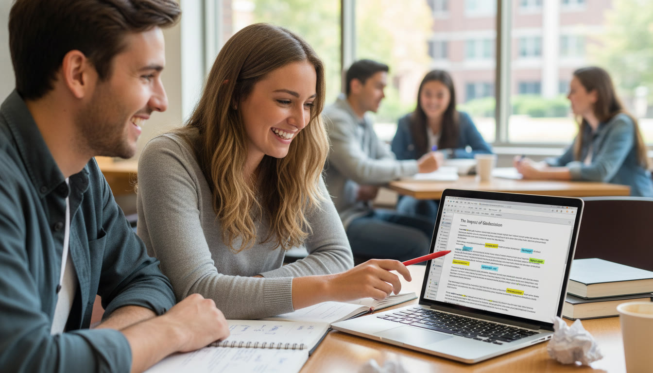 Photo Idea : A student and a tutor sitting at a table reviewing an essay on a laptop with annotated notes, highlighting connectors in different colors—evoking personalized tutoring and focused revision.
