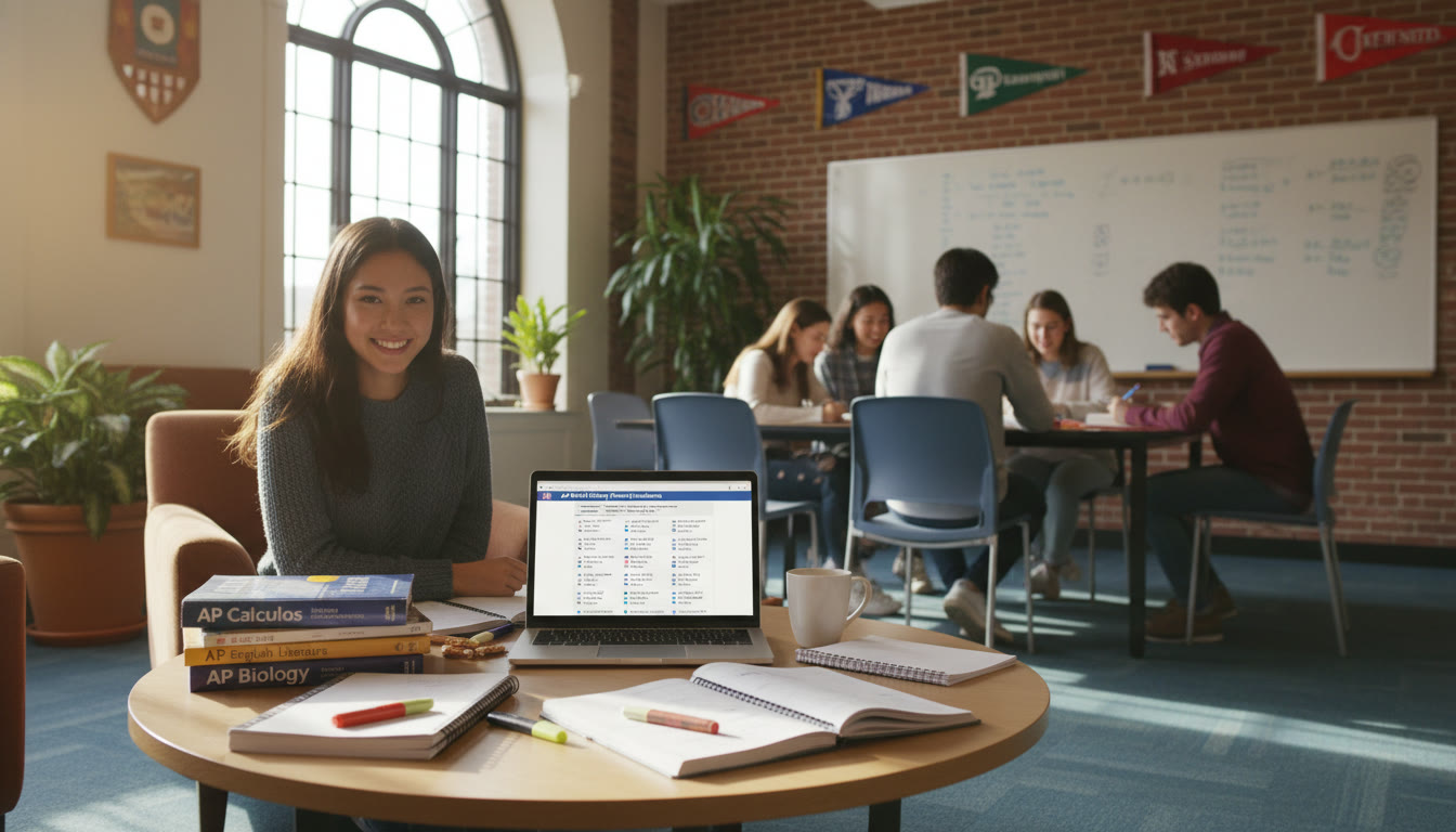 Photo Idea : A welcoming campus study space with a student reviewing AP textbooks and notes, a laptop open with practice exam questions—captures focused preparation and college-bound ambition.