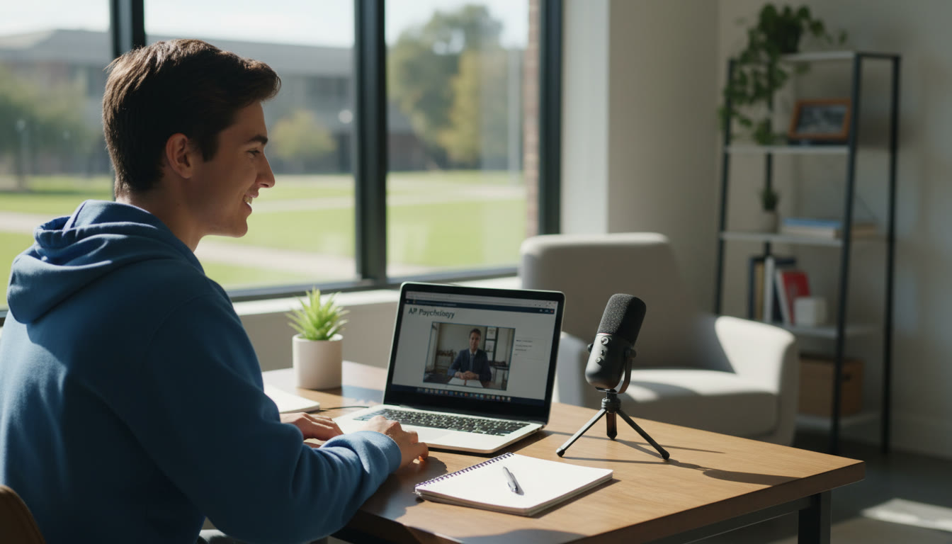 Photo Idea : A student seated at a desk facing a window with a laptop and a small USB microphone; the background is uncluttered and softly lit.