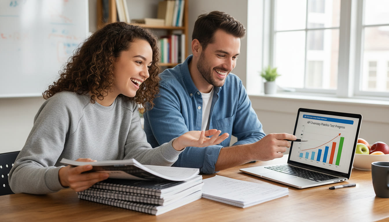 Photo Idea : A student and a tutor (or mentor) sitting together with a laptop and practice AP test on screen; the tutor points to a graph showing progress. Use this mid-article image near the study strategy section to emphasize targeted, personalized guidance.