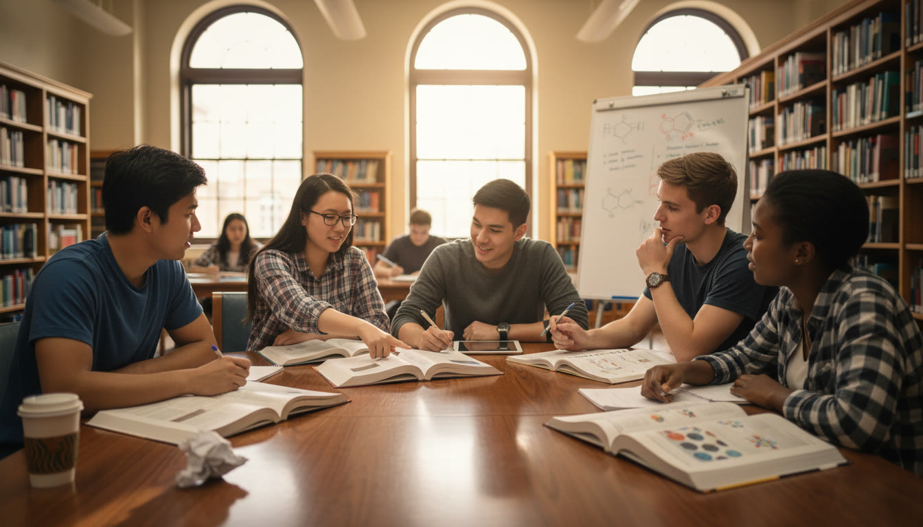 Photo Idea : A diverse group of high school students studying together in a sunlit library, textbooks open to biology and chemistry chapters — conveys collaboration, focus, and the real-world prep behind AP success. Place this image near the top of the article where decisions about which AP exams to take are discussed.