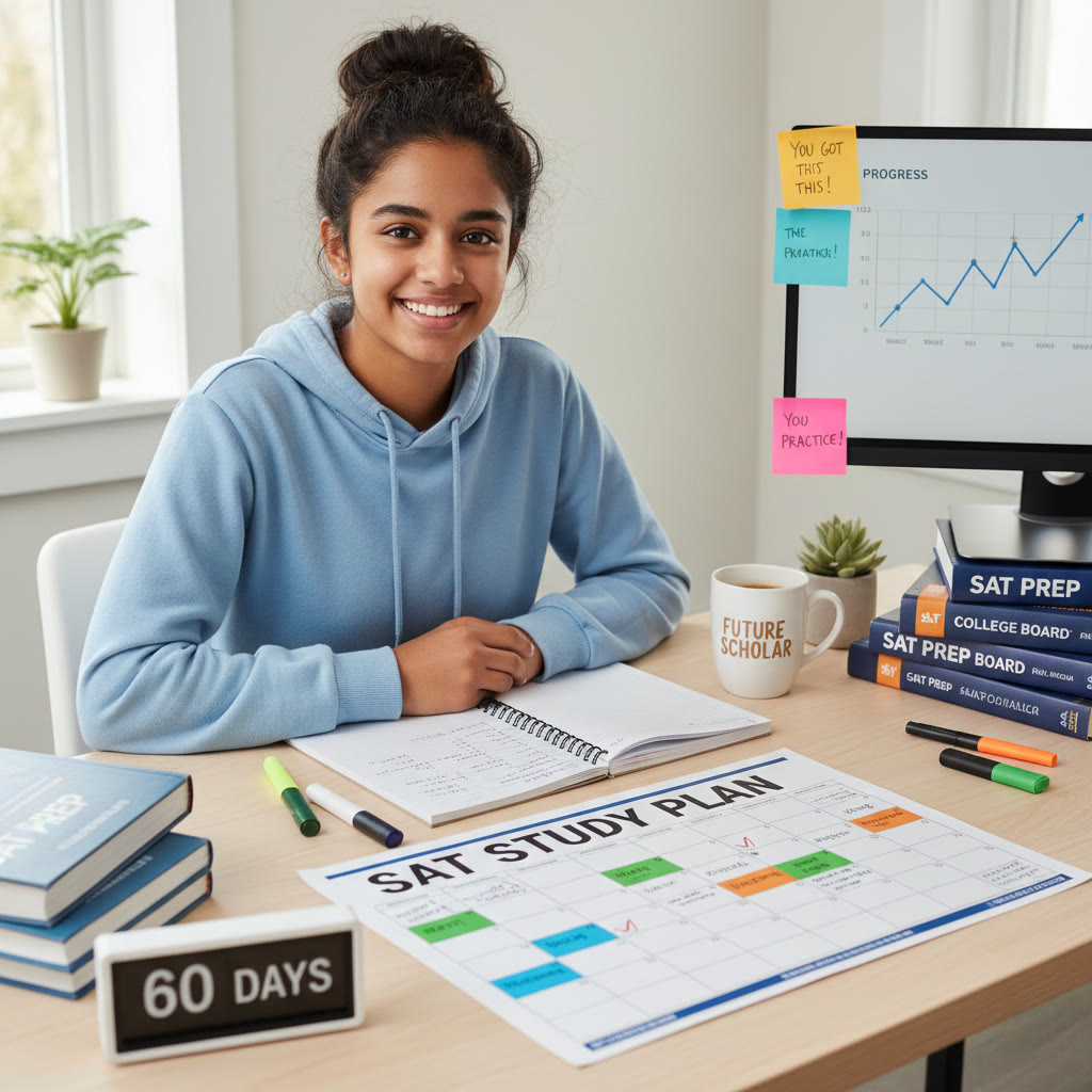 Student at a desk with calendar and study materials: a clear shot showing a study plan laid across the desk, with notes and a timer nearby to evoke steady preparation over months