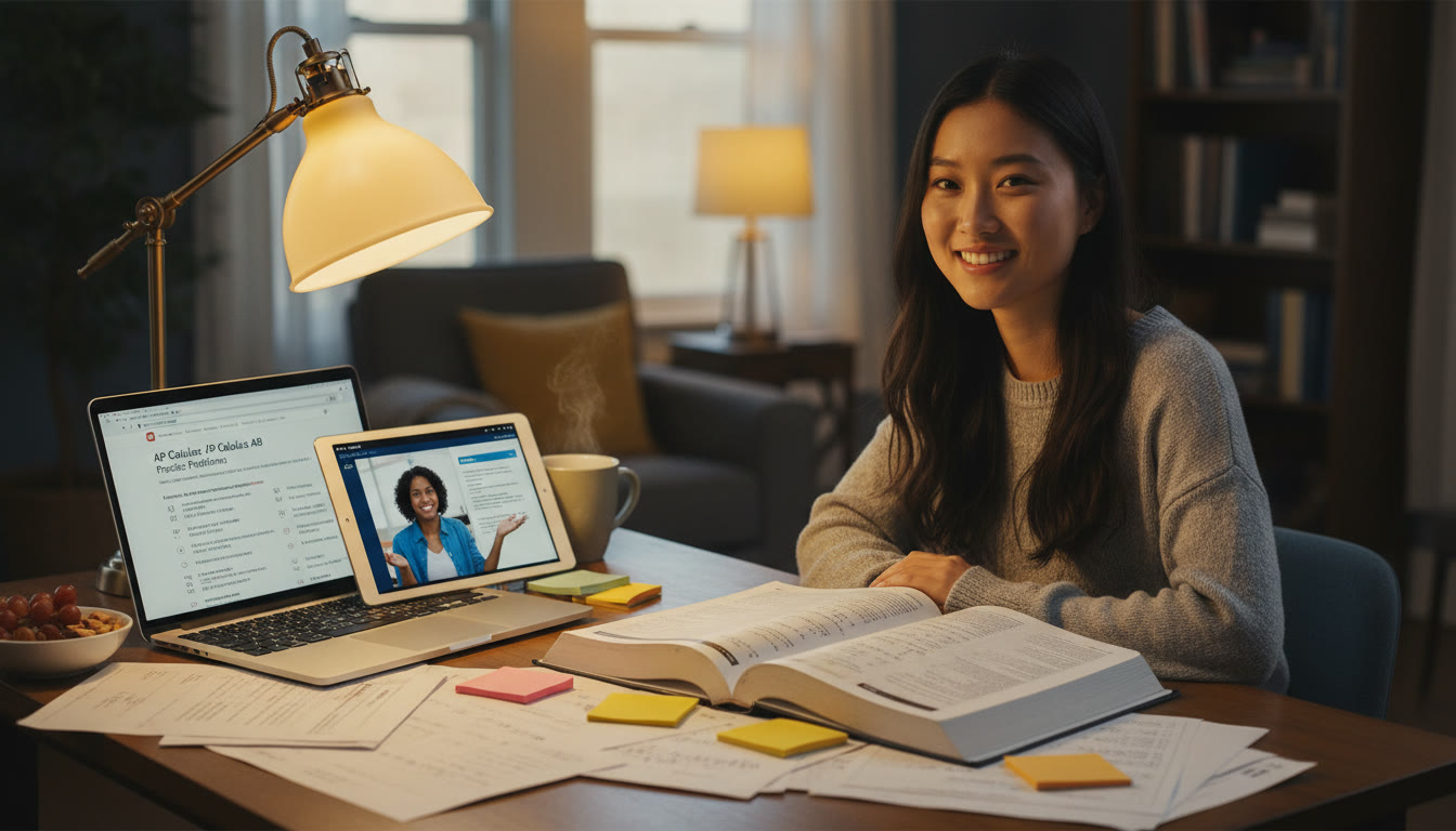 Photo Idea : A cozy study scene with a student at a desk surrounded by notes, an open calculus textbook, a laptop showing practice problems, and a tutor on a tablet—suggesting the combination of self-study and personalized online tutoring. Warm lamp light, clear sense of focus and calm.