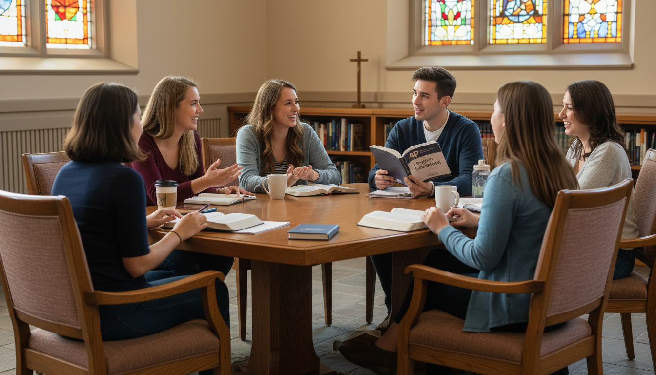 Photo Idea : A small group of students in a campus chapel or discussion circle, mid-conversation—captures the interplay between academic life and community/faith engagement.