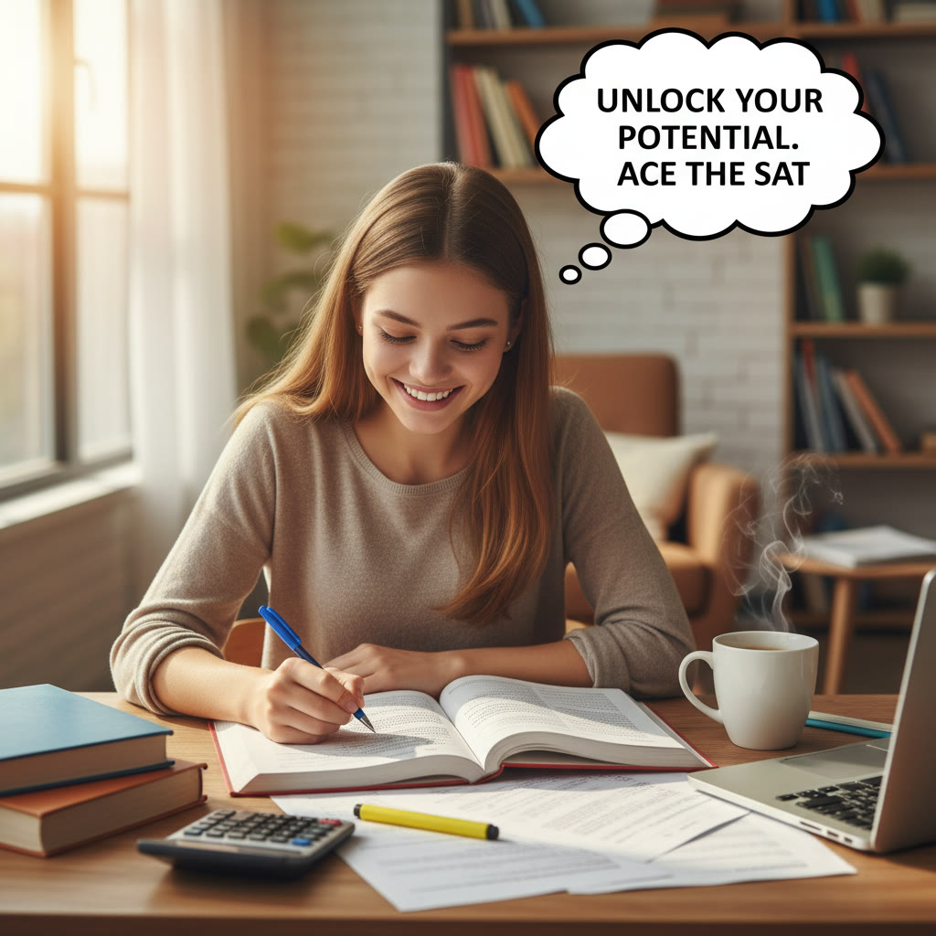Student sitting at a desk underlining parts of a sentence in a practice booklet, pen in hand, coffee nearby.