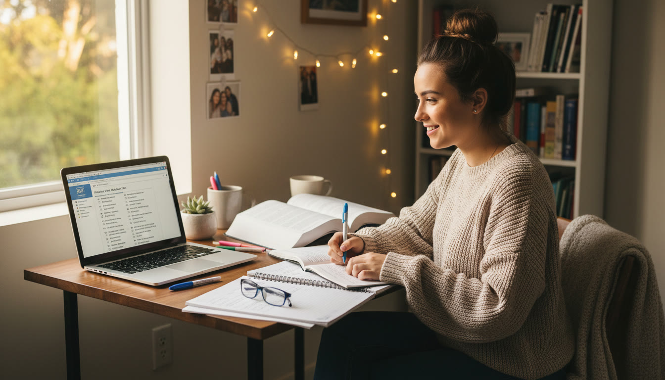 Photo Idea : A cozy study scene showing a student working at a small desk with a laptop open to a practice SAT interface on one side and AP notes and a textbook on the other   capturing the balance between test prep and coursework.