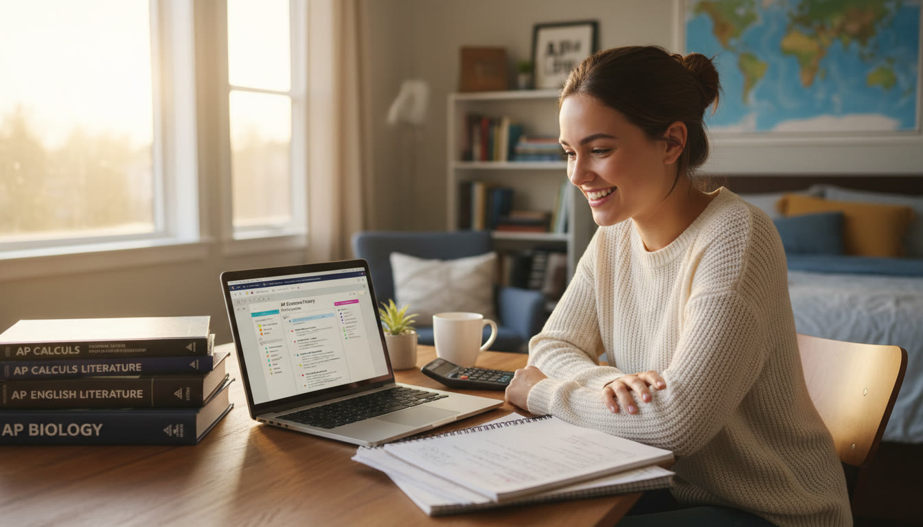 Photo Idea : A warm photo of a student at a desk in natural light, surrounded by AP textbooks, a laptop with notes, and a calculator—conveying focused, calm preparation. Place in the top 30% of the article to set an empathetic tone for the guide.