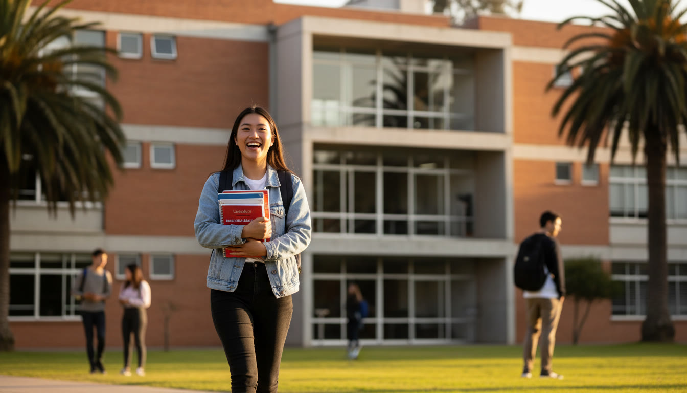 Photo Idea : A bright, candid photo of an international student on a university campus in Santiago, carrying books and smiling, with a modern brick building of Pontificia Universidad Católica de Chile blurred in the background.