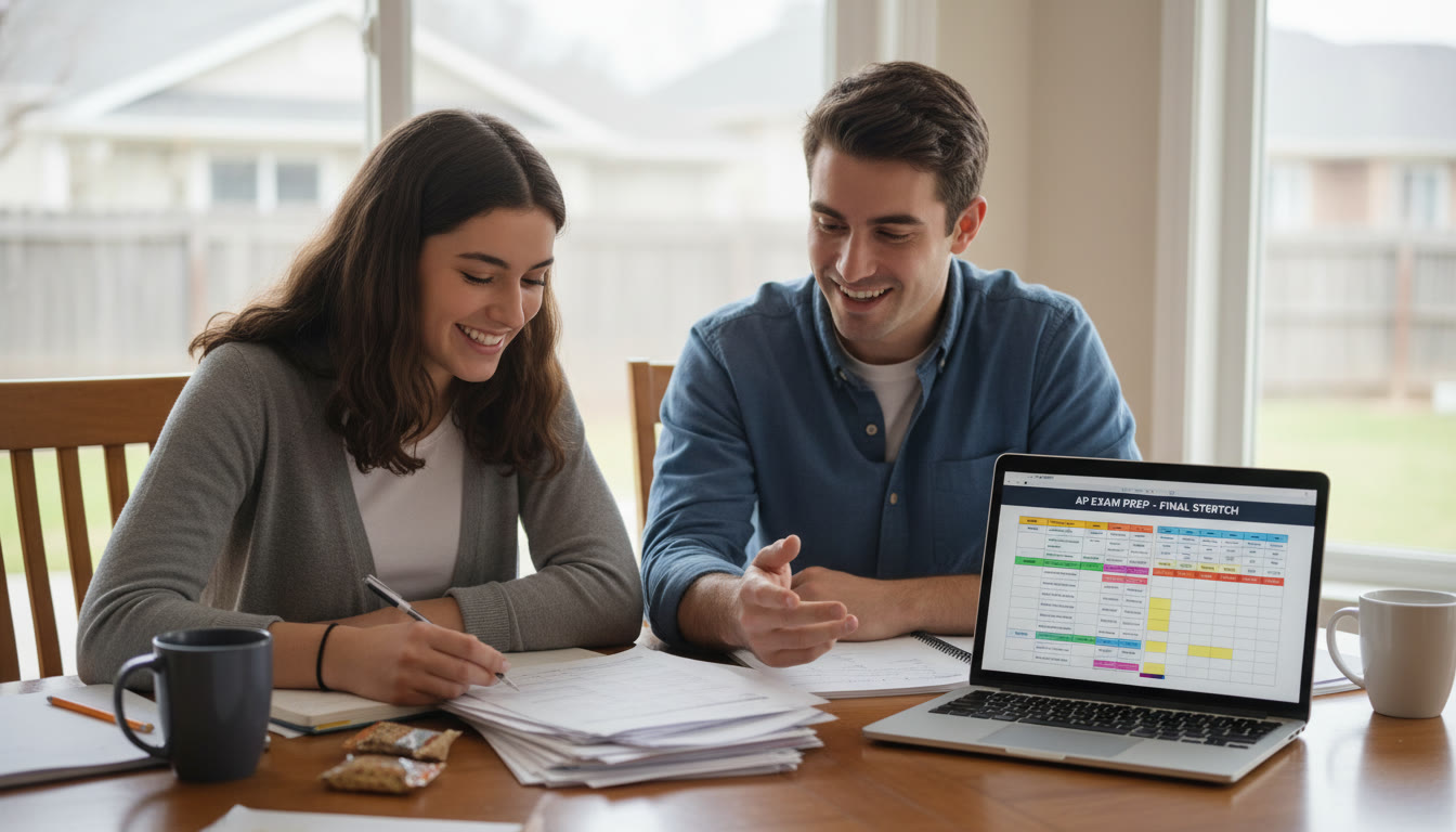 Photo Idea : A triumphant senior and a tutor reviewing an AP practice exam together at a kitchen table, with a laptop displaying a study plan — suggests collaboration, confidence, and last-mile prep. Place toward the end of the article to reinforce the role of targeted support.