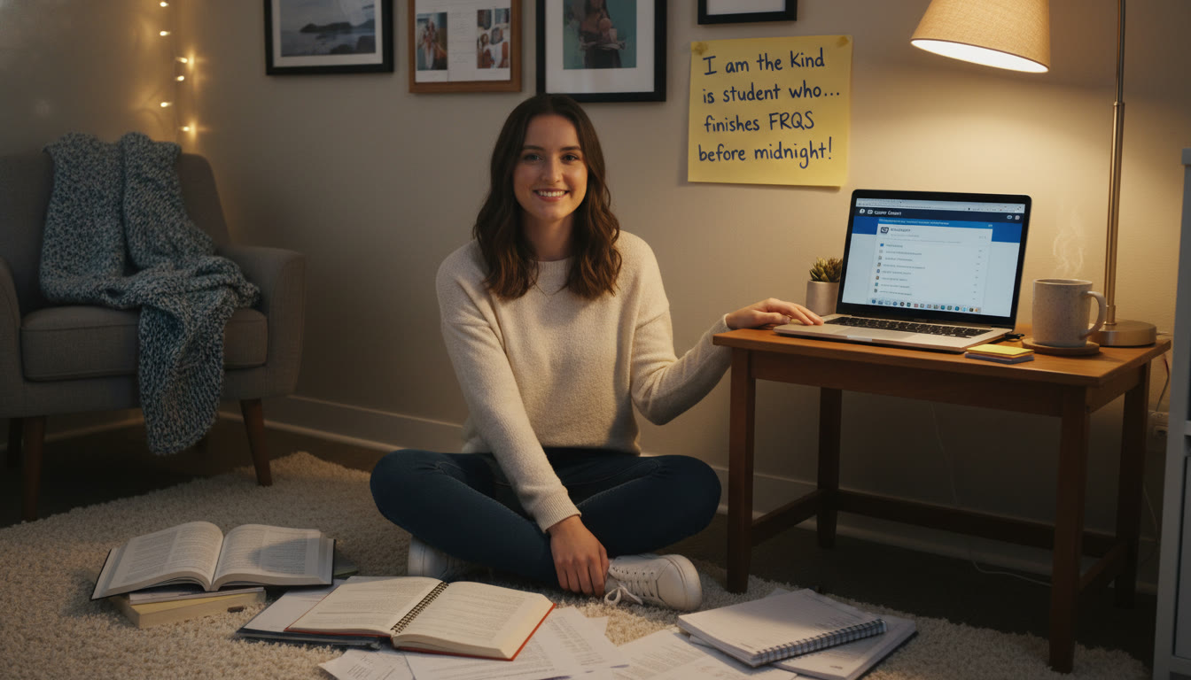 Photo Idea : A cozy study corner lit by a warm lamp. A student with notebooks, a laptop showing an AP Classroom page, and a sticky note on the wall that reads 