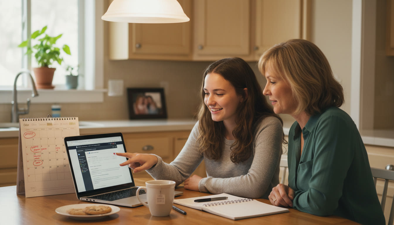Photo Idea : A parent and teen at a kitchen table under soft light, laptop open, calendar visible—a gentle, focused scene that conveys planning, not panic.