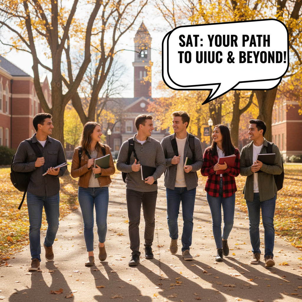 Photo Idea : A group of diverse students walking across UIUC’s campus quad in autumn, backpacks slung over shoulders, smiling and talking — a visual of the goal and campus life awaiting applicants.