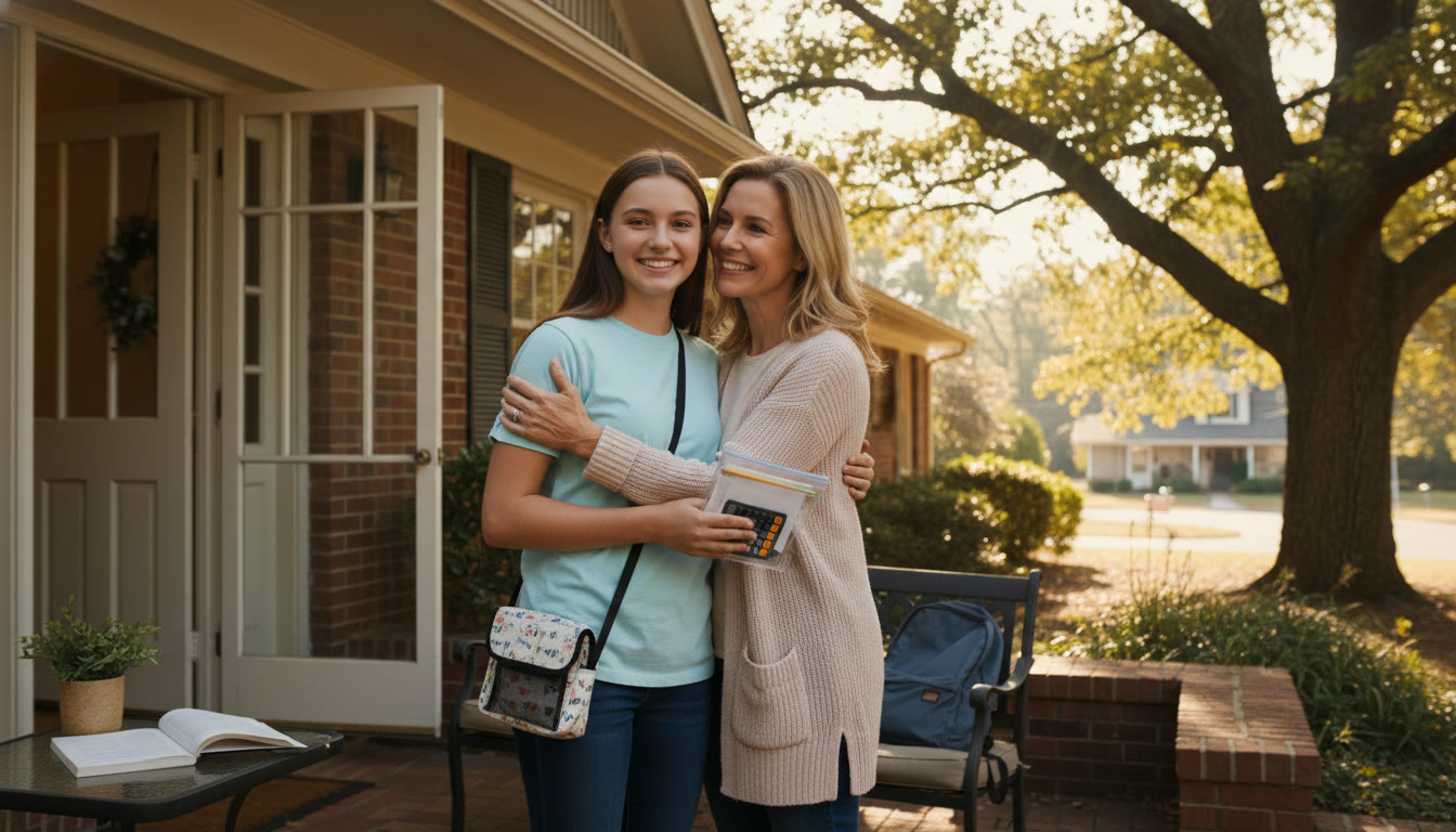 Photo Idea : A serene scene of a teen leaving for the test with a parent giving a light hug at the front door; a small exam kit bag visible. Warm late-morning light, expressions of quiet confidence.
