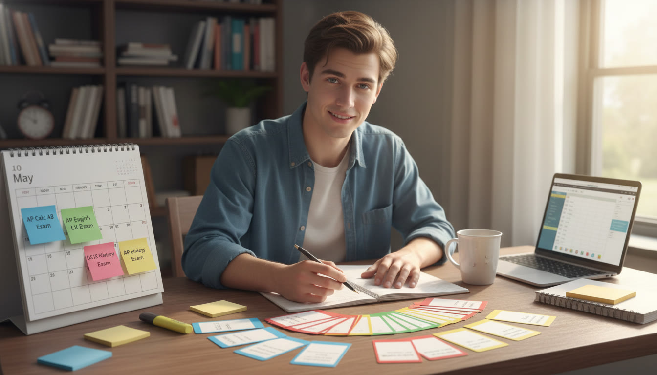 Photo Idea : A student at a desk with color-coded unit cards spread in front of them, a calendar nearby, and sticky notes marking exam dates. This visual should convey planning energy and calm focus.