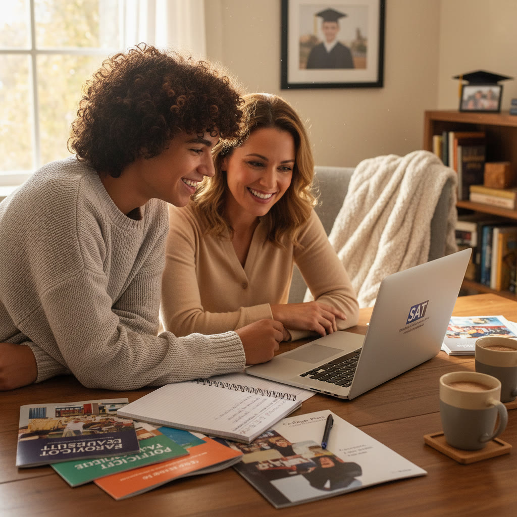 Photo Idea : A warm, candid photo of a high school student and a parent reviewing a laptop together, with college brochures and a notebook on the table — conveys collaboration and planning.