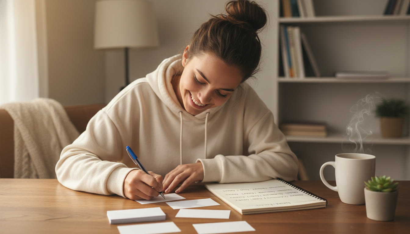 Photo Idea : A warm study scene with a student writing on flashcards, with a notebook open showing words grouped by root (e.g., 'cred-', 'bene-', 'dict-'). Soft natural light and a cup of coffee create a calm, focused mood.
