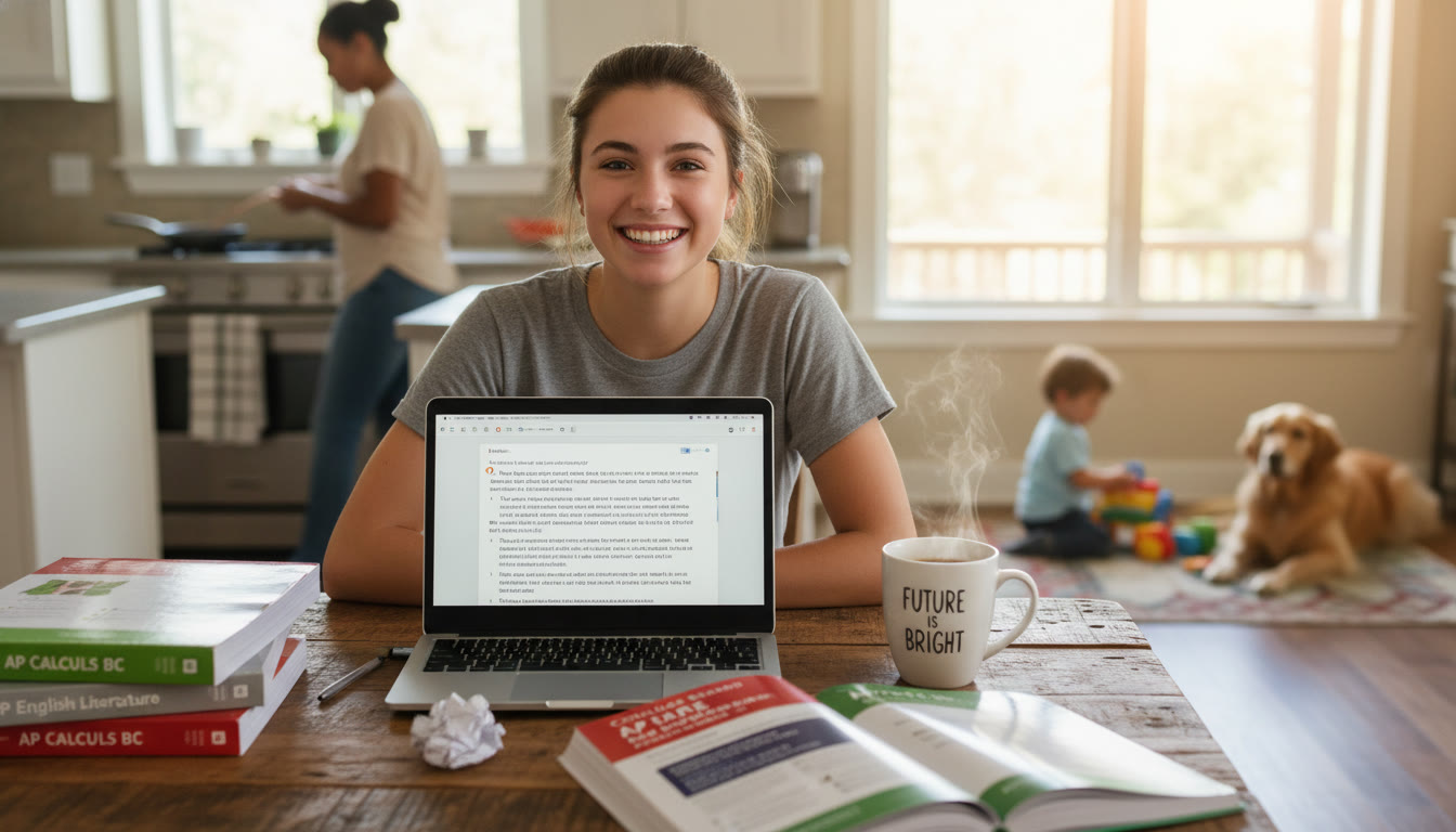 Photo Idea : A bright, candid photo of a high school student studying at a kitchen table with AP prep books, a laptop showing practice SAT passages, and a cup of coffee   conveys the real-life blend of AP coursework and SAT practice in a busy household.