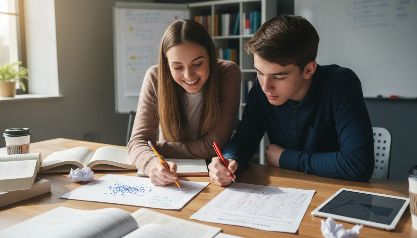 Photo Idea : Mid-article instructional image of a tutor and a student leaning over a table, annotating a printed scatterplot and a table. The scene conveys 1-on-1 guidance and active problem solving, hinting at personalized tutoring like Sparkl's tailored sessions.