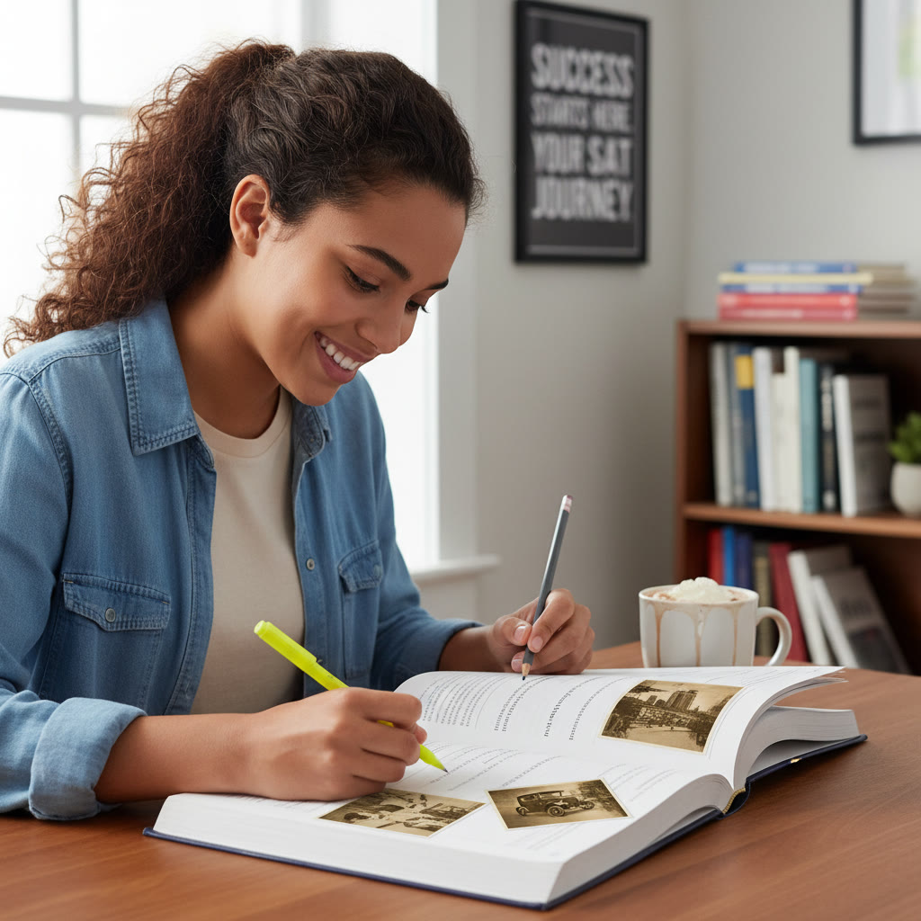 Photo idea: A student with a pencil and highlighter, reading an SAT practice passage with small vintage images (suggesting historical passages) nearby.