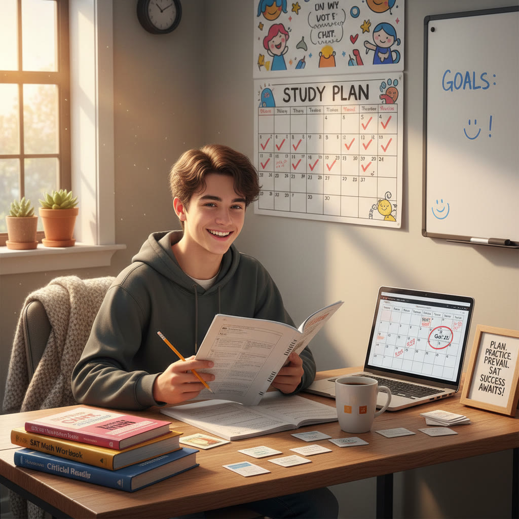 Student at a desk with practice tests, calendar, and coffee—visualizing focus and planning