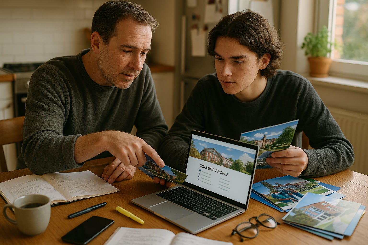 Photo Idea : A candid shot of a parent and teen sitting at a kitchen table, comparing college brochures and a laptop screen showing a college profile, with notebooks and a cup of coffee nearby.