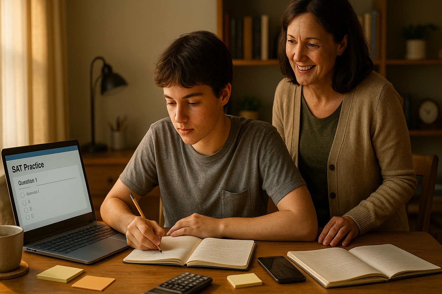 Photo Idea : A high school student studying at a desk with a laptop open to SAT practice questions, a cup of coffee, and a parent looking on supportively.