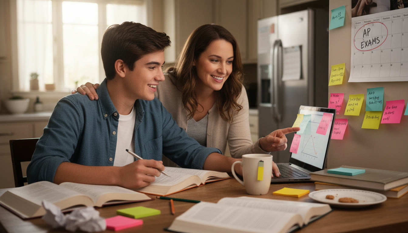 Photo Idea : A high-school student studying at a kitchen table with a laptop open, sticky notes around, and a parent looking on supportively conveys collaborative preparation and real-world testing pressure.