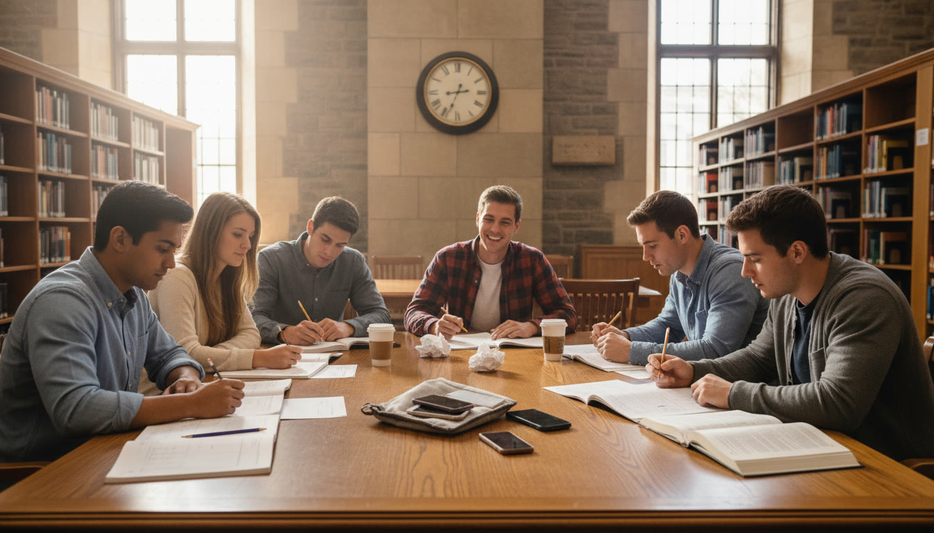 Photo Idea : A group of students doing a timed practice test together in a library; some phones are visible in a pouch or turned face down—captures accountability and focus.