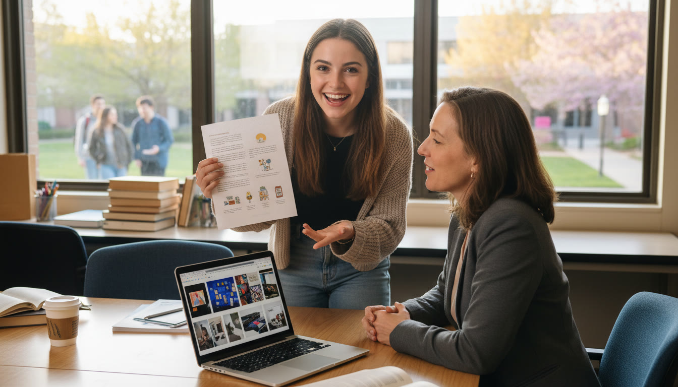 Photo Idea : A student presenting a printed one-page narrative and a digital portfolio on a laptop to a teacher—expressive moment that shows confidence after preparation. Conveys presentation and closure.