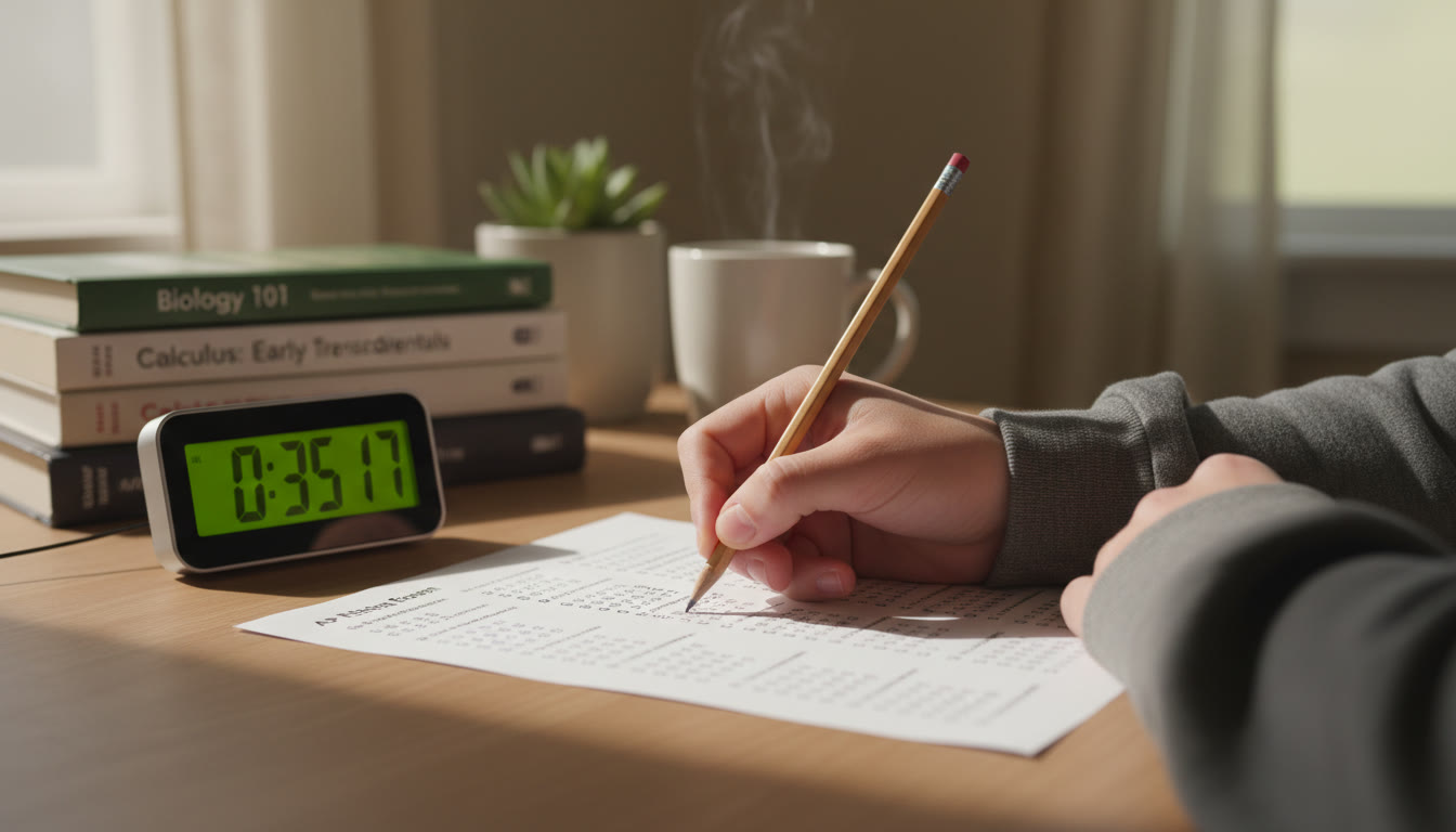 Photo Idea : A close-up of a student’s hand marking answers on a practice AP exam sheet, with a timer and a calm study space in soft focus.