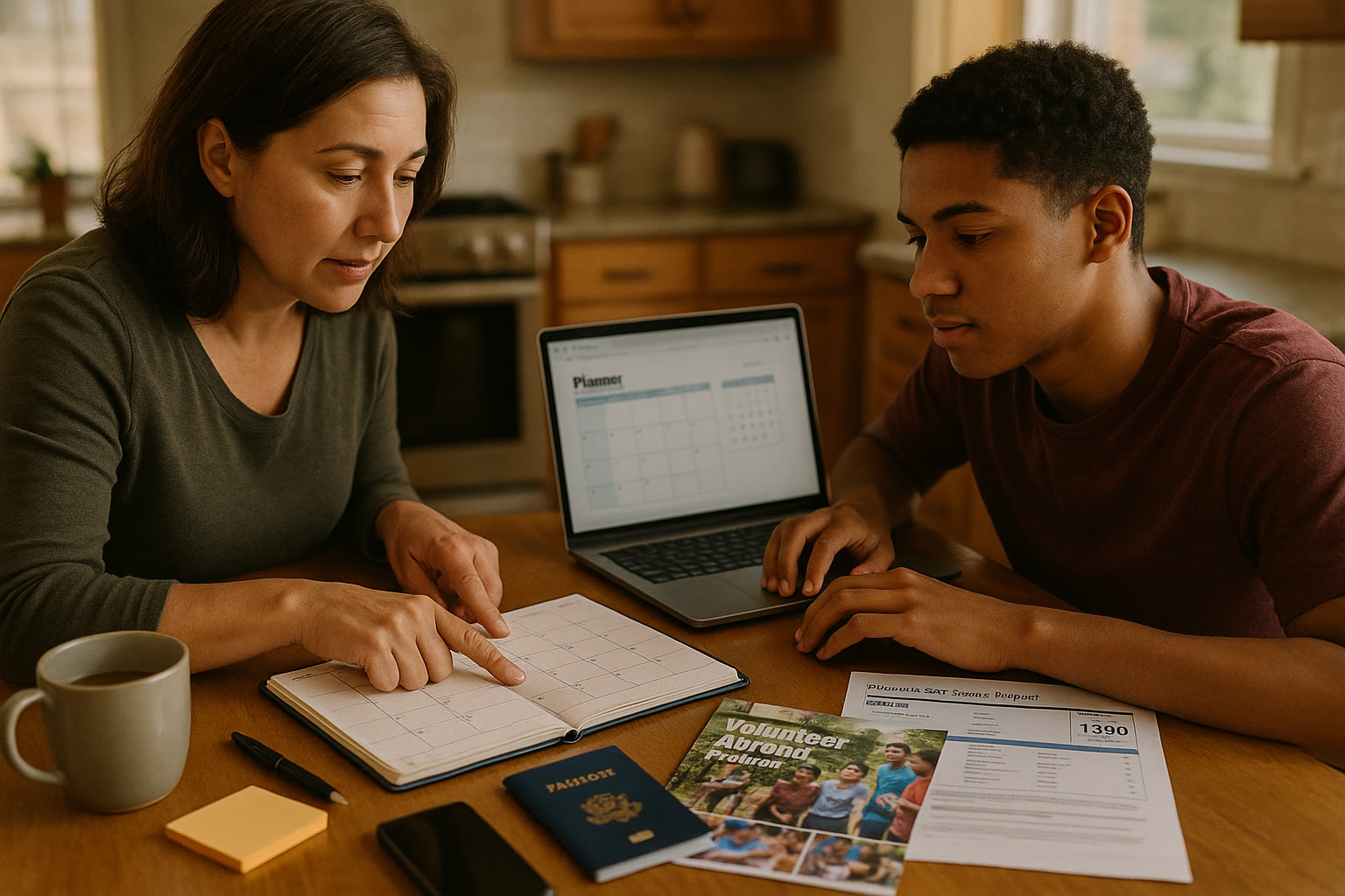 Photo Idea : An engaged parent and student reviewing a planner and laptop together at a kitchen table, surrounded by gap-year memorabilia like a passport, volunteer program brochure, and a printed practice SAT score report.