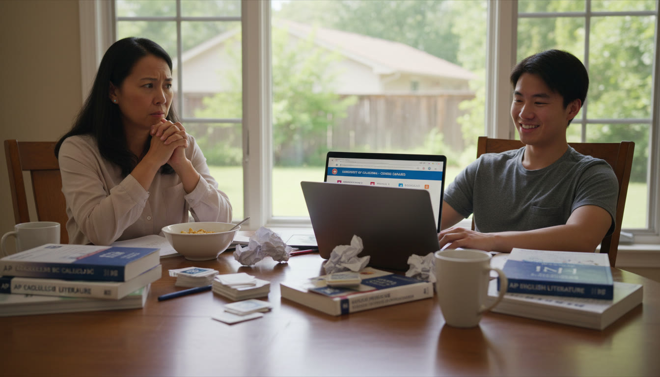 Photo Idea : A candid shot of a worried parent and a relaxed student at a kitchen table surrounded by AP exam prep materials and a laptop showing a university course list — conveys the contrast between concern and opportunity.