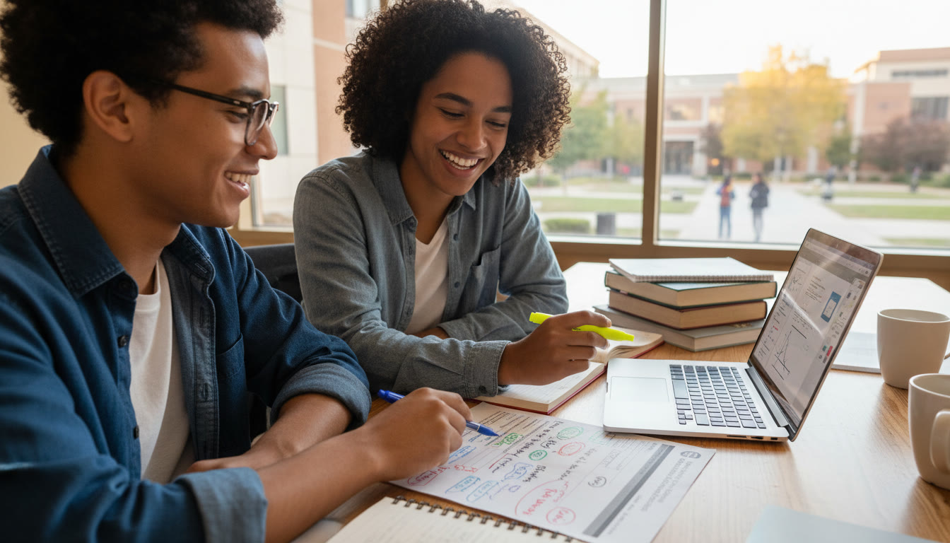 Photo Idea : A student and a tutor at a laptop, reviewing a printed FRQ with colored annotations—visualizes personalized feedback and collaborative improvement.