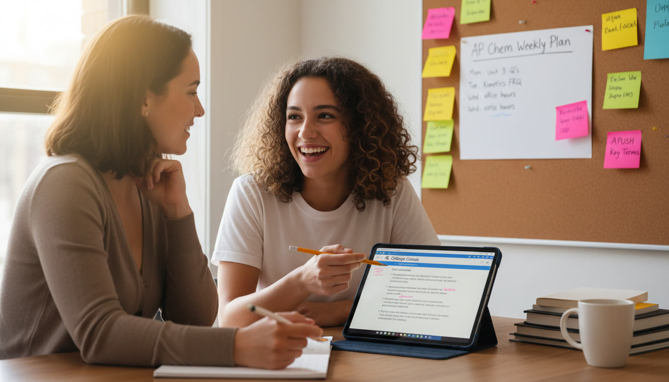 Photo Idea : A photo of a small tutoring session in progress: a student and a tutor at a table with a tablet open to annotated practice questions, sticky notes on the wall showing a weekly schedule, and a relaxed but focused atmosphere.